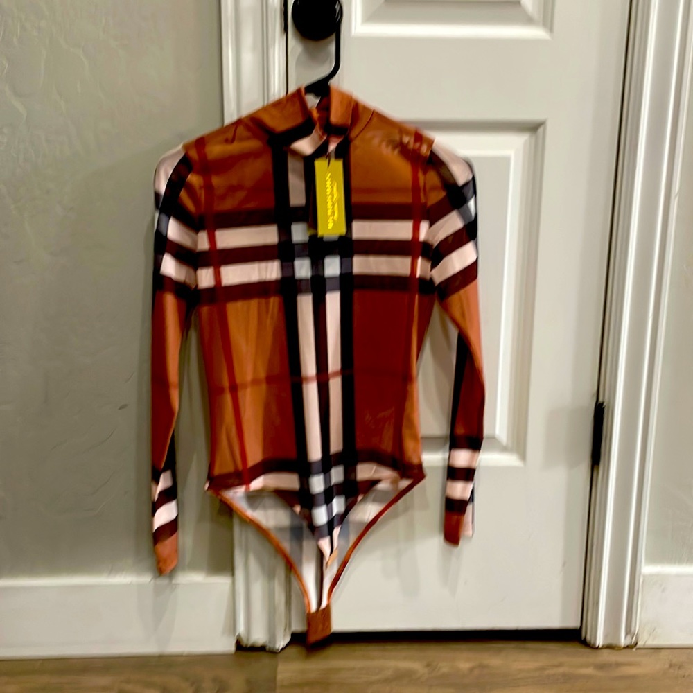 Burberry, sheer turtleneck, bodysuit.
